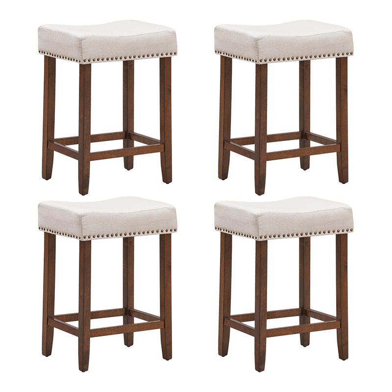 Costway 24'' Rubber Wood Nailhead Saddle Bar Stools in Beige (Set of 4)