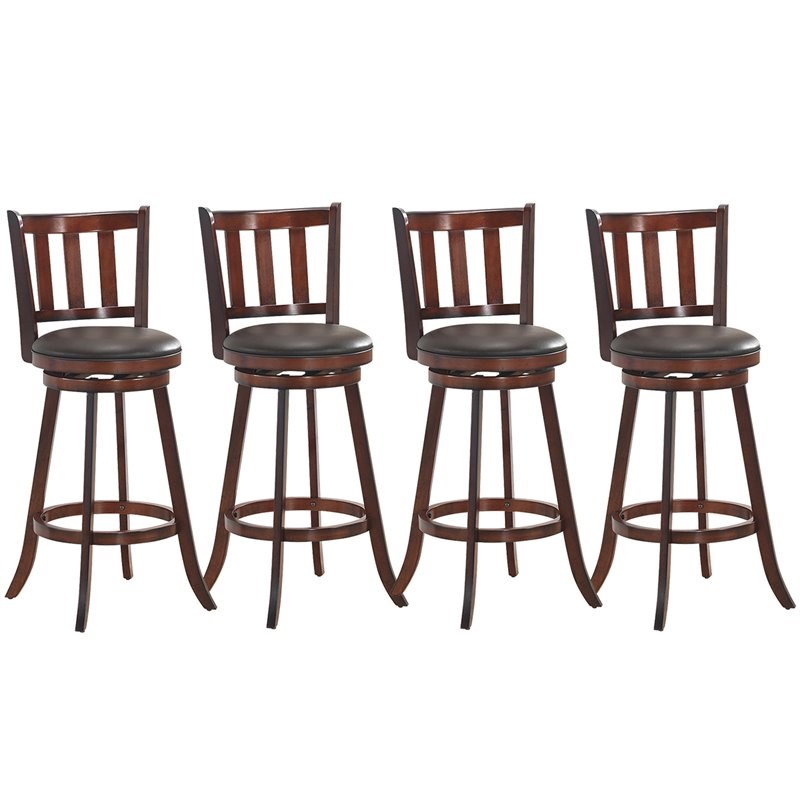Costway Rubber Wood and Leather Swivel Bar Stools in Brown (Set of 4)