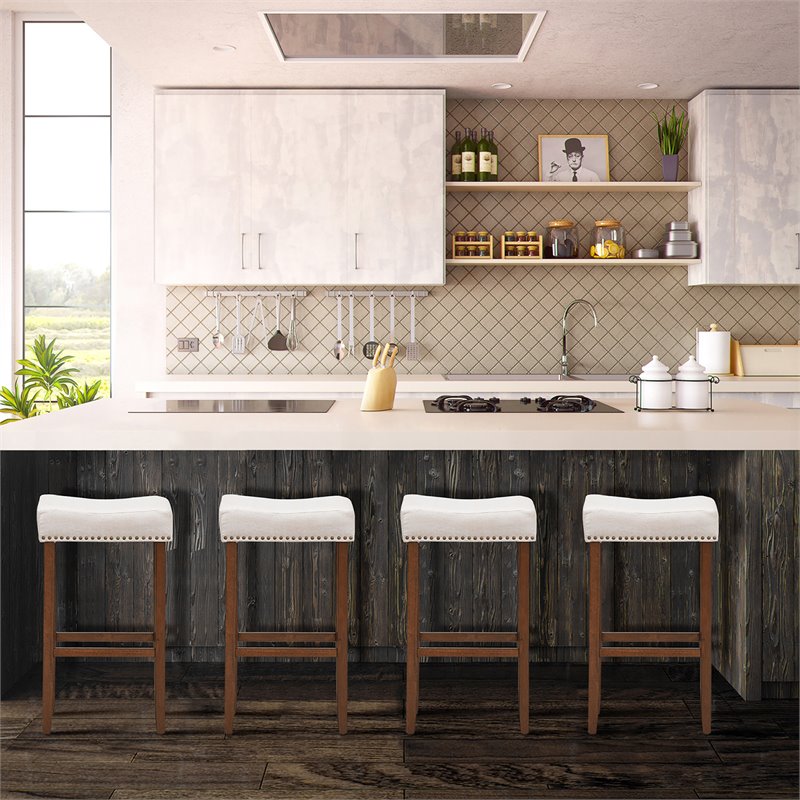 Costway 29'' Rubber Wood Nailhead Saddle Bar Stools in Beige (Set of 4)
