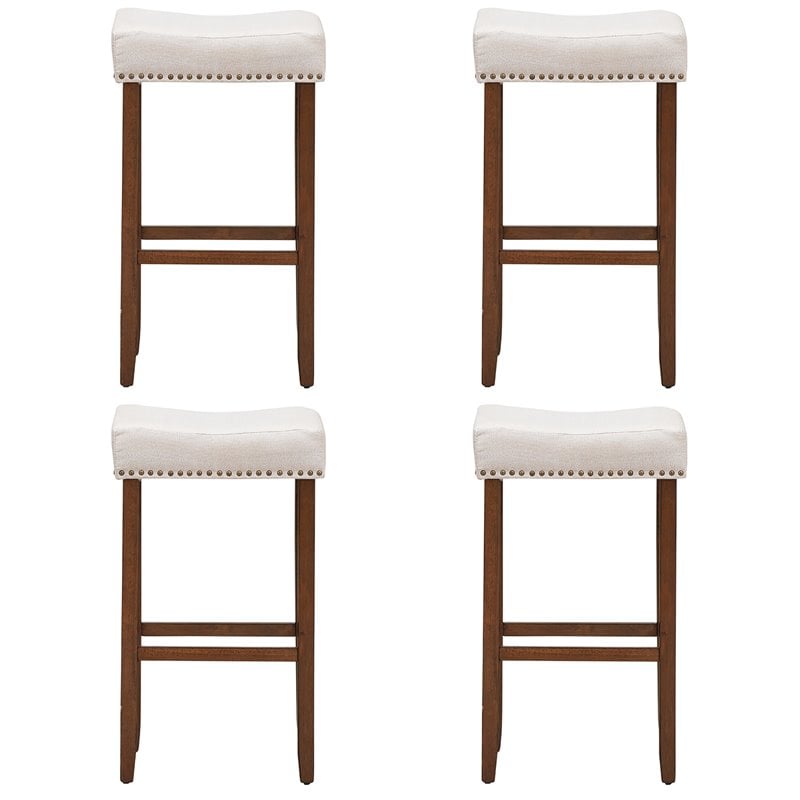 Costway 29'' Rubber Wood Nailhead Saddle Bar Stools in Beige (Set of 4)