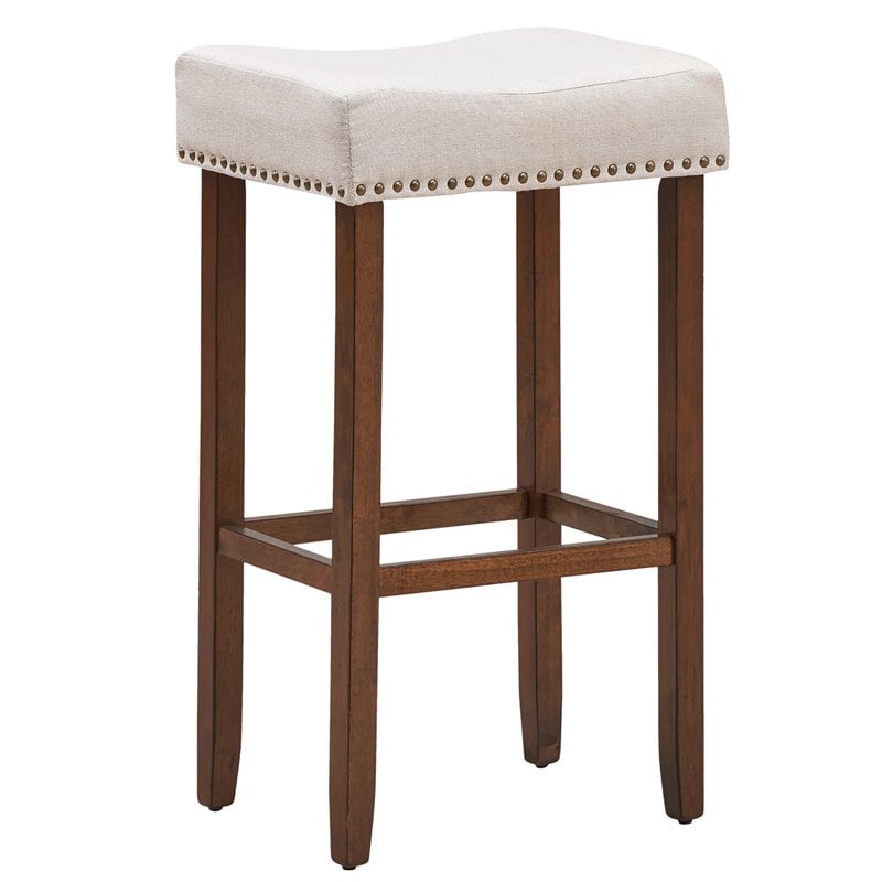 Costway 29'' Rubber Wood Nailhead Saddle Bar Stools in Beige (Set of 4)