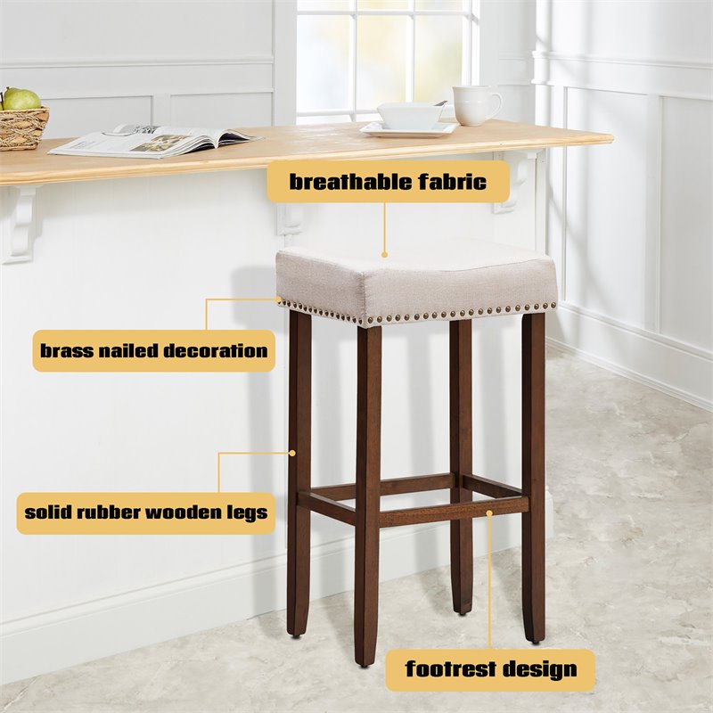 Costway 29'' Rubber Wood Nailhead Saddle Bar Stools in Beige (Set of 4)