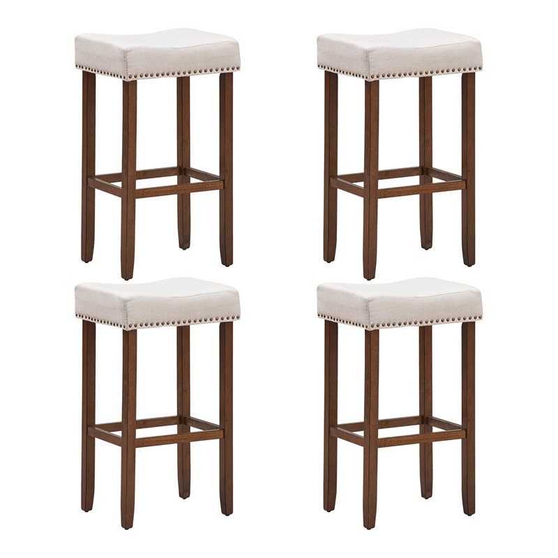 Costway 29'' Rubber Wood Nailhead Saddle Bar Stools in Beige (Set of 4)