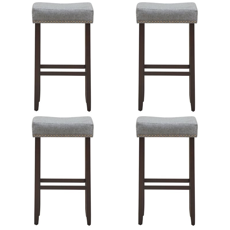 Costway 29'' Rubber Wood Nailhead Saddle Bar Stools in Gray (Set of 4)