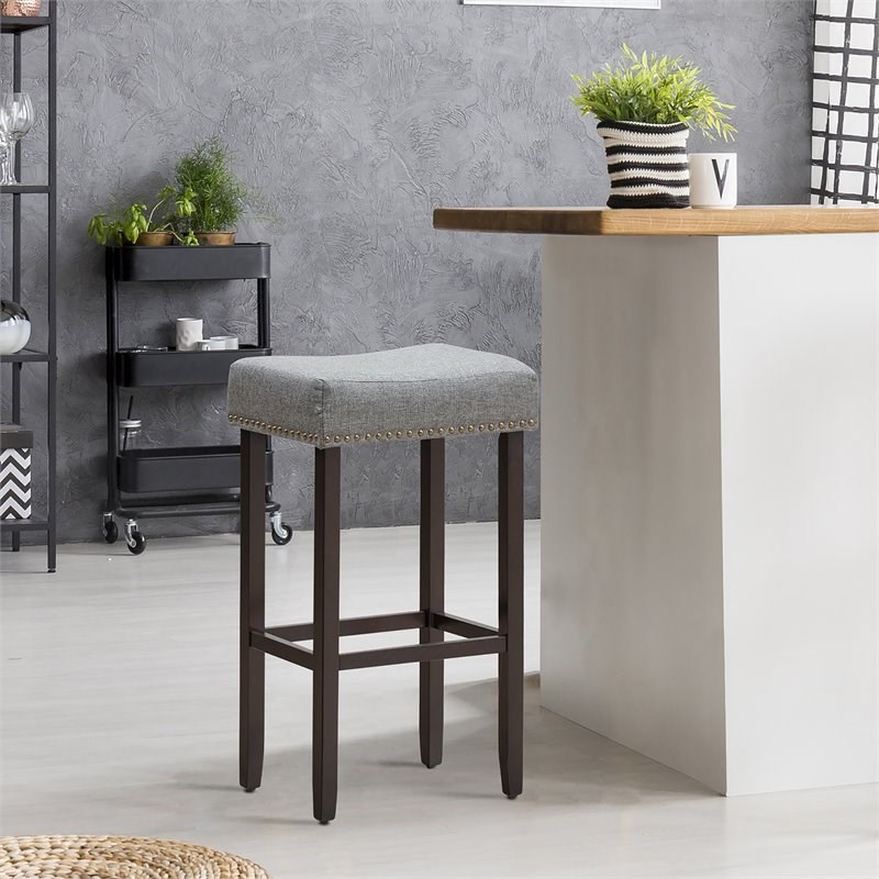 Costway 29'' Rubber Wood Nailhead Saddle Bar Stools in Gray (Set of 4)