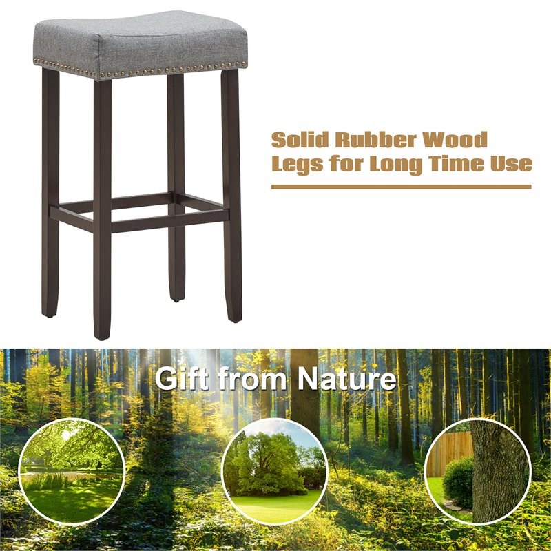 Costway 29'' Rubber Wood Nailhead Saddle Bar Stools in Gray (Set of 4)