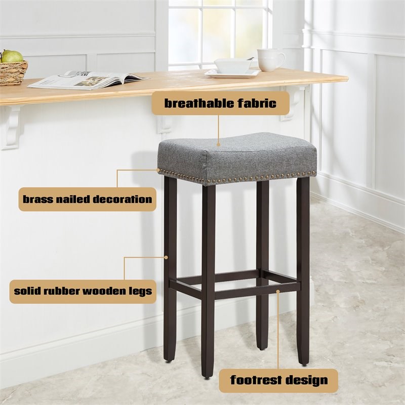 Costway 29'' Rubber Wood Nailhead Saddle Bar Stools in Gray (Set of 4)