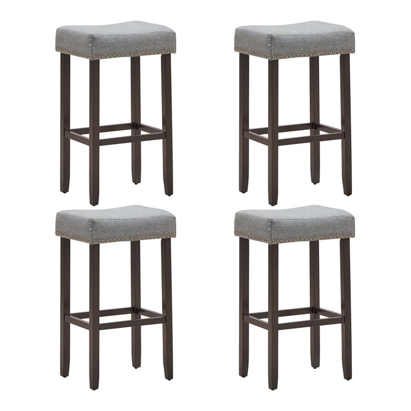 Costway 29'' Rubber Wood Nailhead Saddle Bar Stools in Gray (Set of 4)
