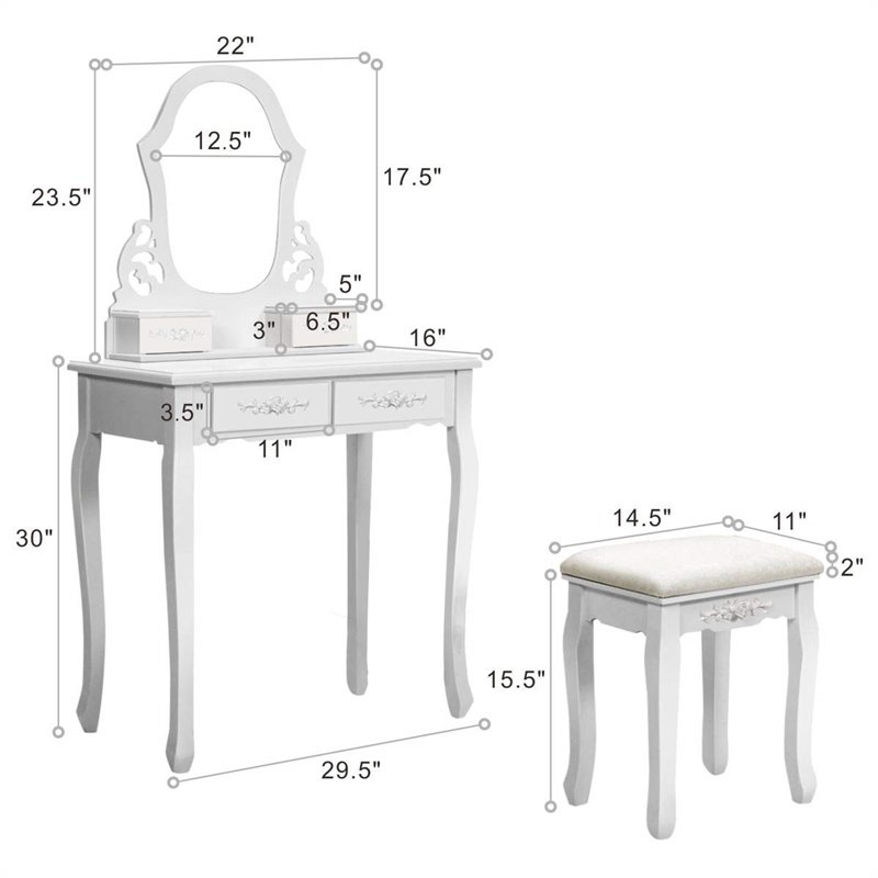 Costway Contemporary Pine Wood Vanity Table Set with 4 Storage Drawers in White