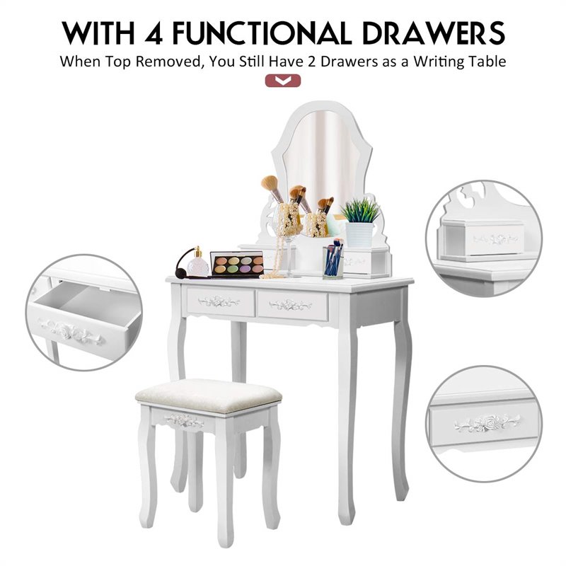 Costway Contemporary Pine Wood Vanity Table Set with 4 Storage Drawers in White