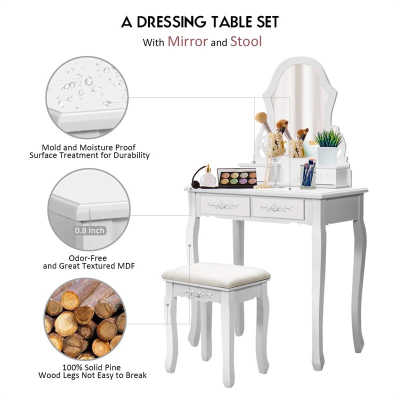 Costway Contemporary Pine Wood Vanity Table Set with 4 Storage Drawers in White