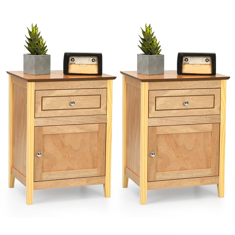 Costway 2-tier Contemporary MDF and Pine Wood Nightstands in Natural (Set of 2)
