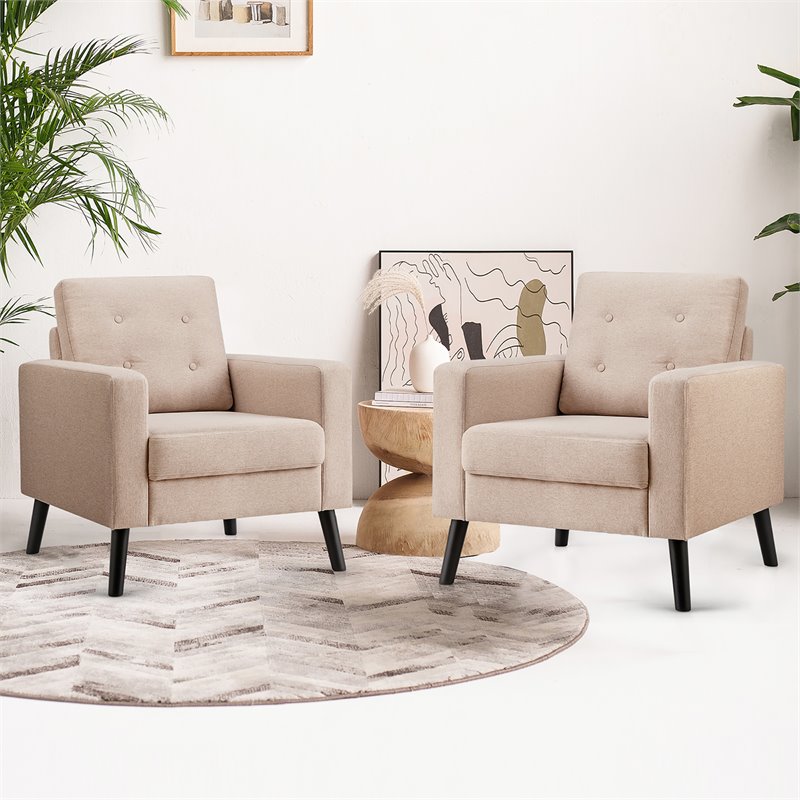 Costway Tufted Upholstered Fabric Modern Accent Armchair in Beige (Set of 2)