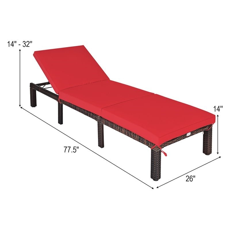 Costway 2 Pieces Rattan Outdoor Patio Lounge Chaise Chair in Brown/Red