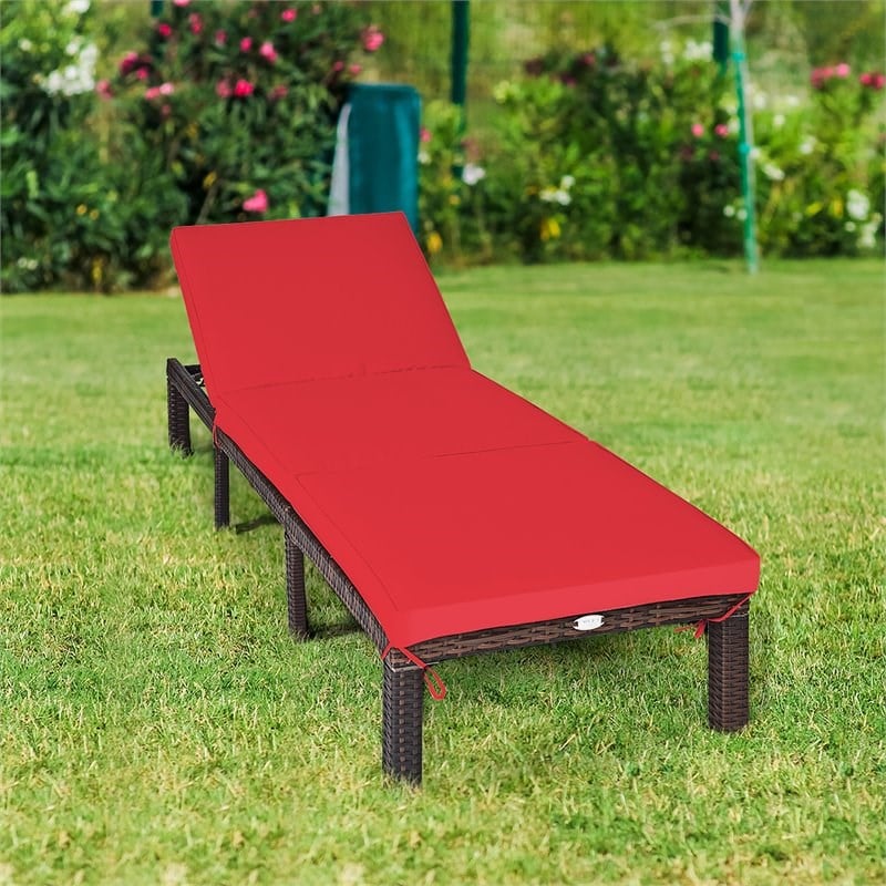 Costway 2 Pieces Rattan Outdoor Patio Lounge Chaise Chair in Brown/Red