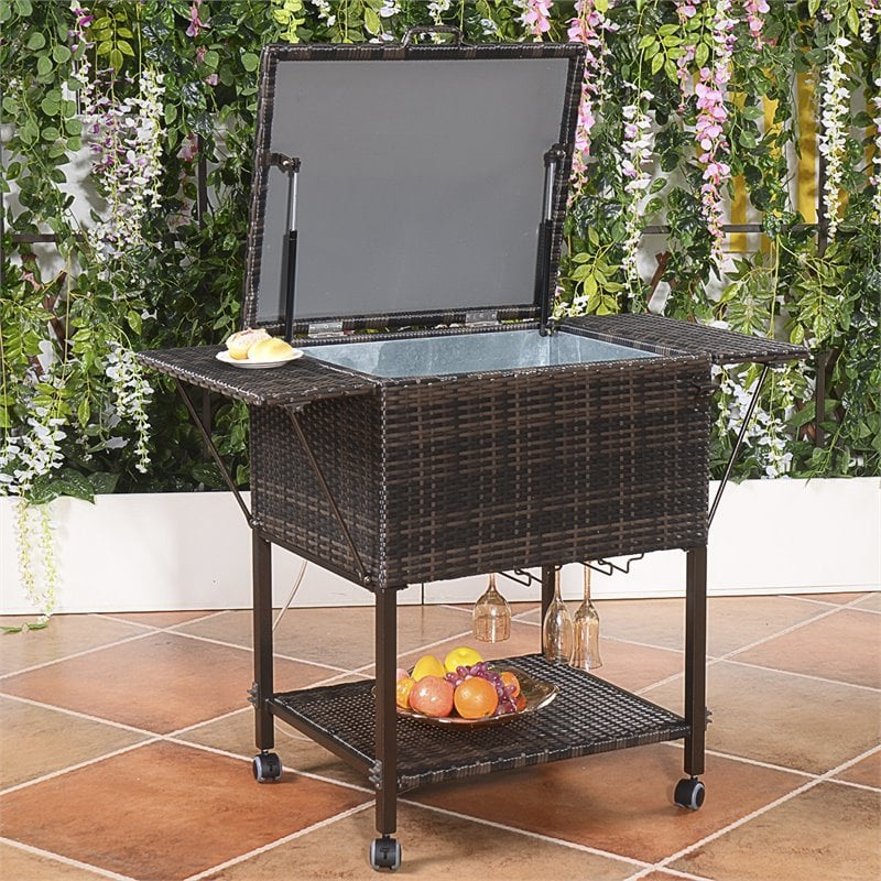 Costway Rattan Portable Outdoor Patio Cooler Cart with Shelf in Mix Brown