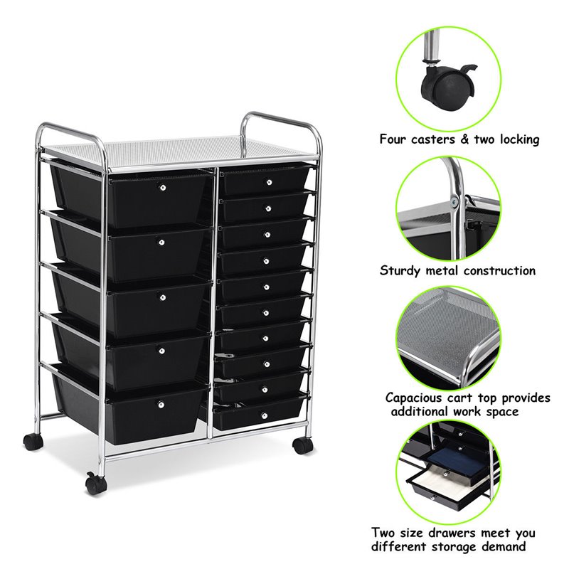 Costway Scrapbook Paper Rolling Storage Cart with 15 Drawers in Black