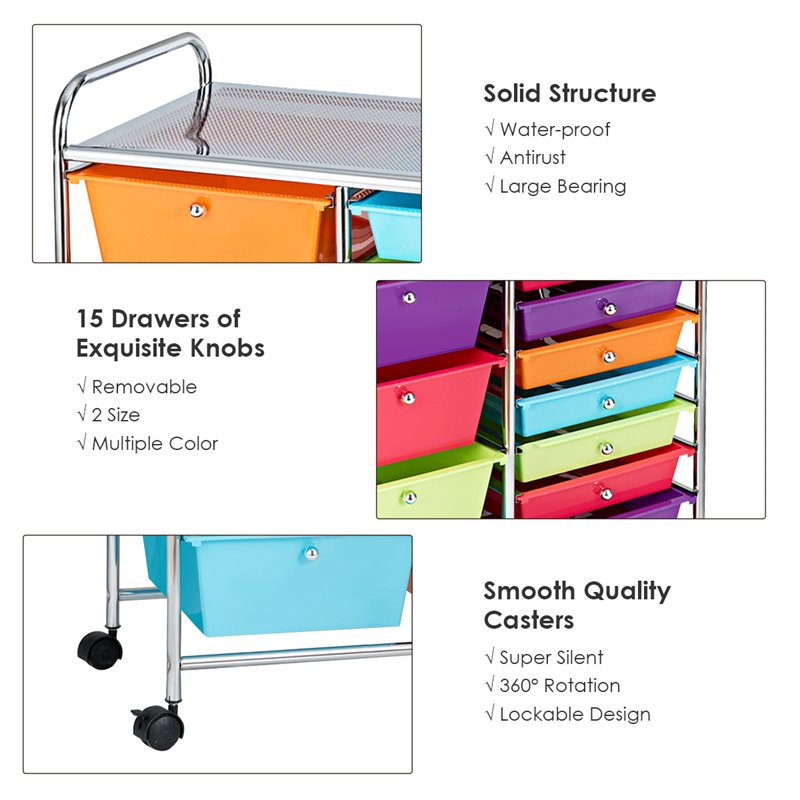 Costway 15 Drawers Scrapbook Paper Rolling Storage Cart in Multi-Color