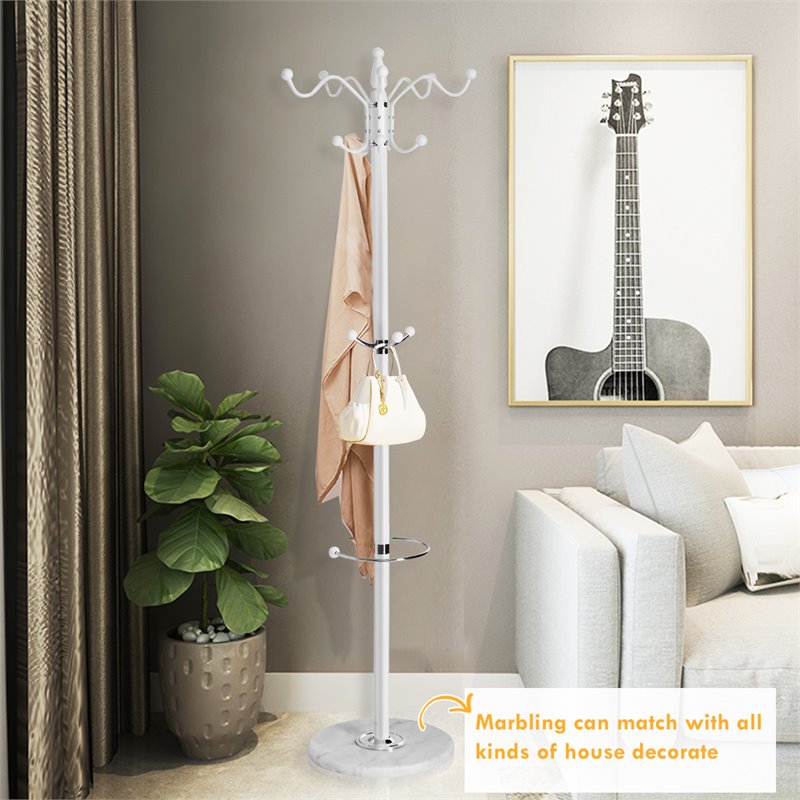 Costway 70'' Contemporary Iron & Marble Coat Rack with 15 Hooks in White Finish