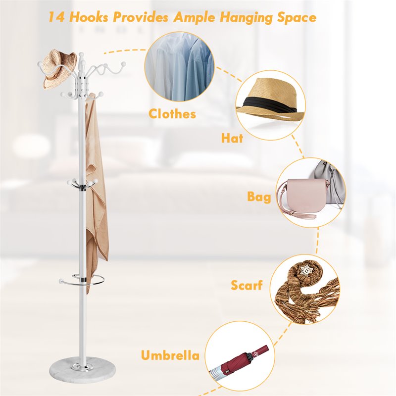 Costway 70'' Contemporary Iron & Marble Coat Rack with 15 Hooks in White Finish