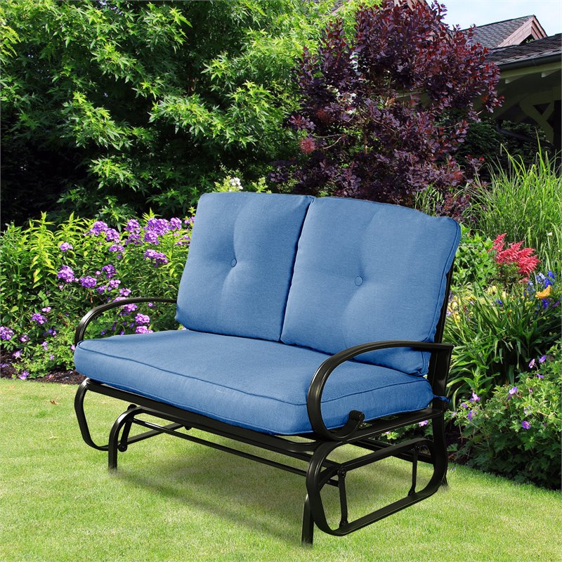 Costway Steel Metal Outdoor Patio Rocking Bench with Cushion Seat in Blue