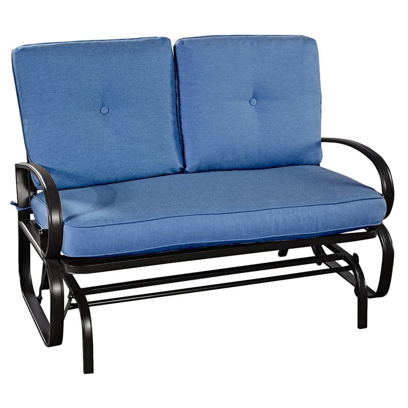 Costway Steel Metal Outdoor Patio Rocking Bench with Cushion Seat in Blue