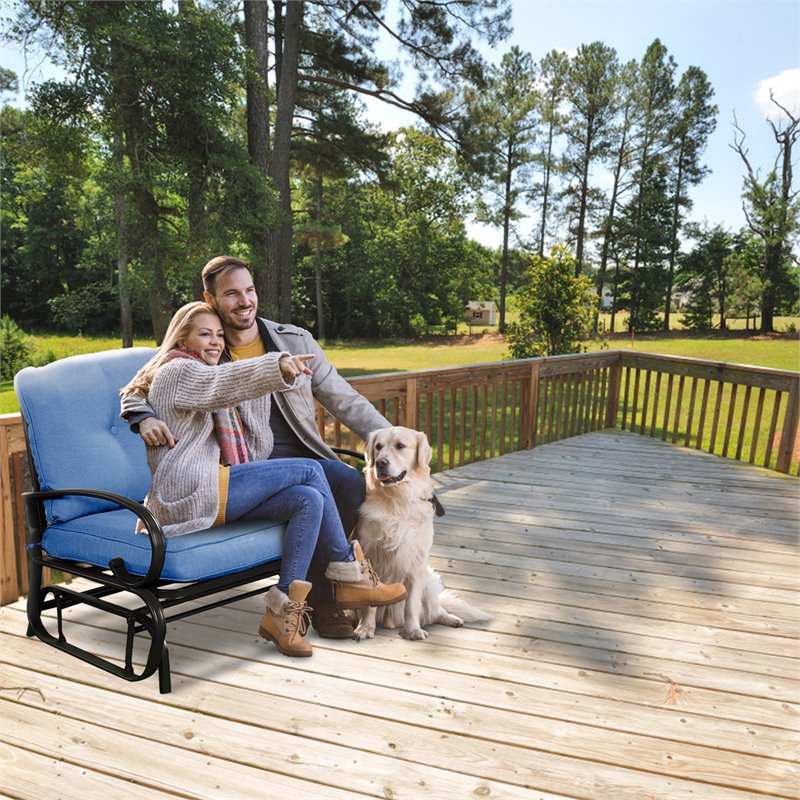 Costway Steel Metal Outdoor Patio Rocking Bench with Cushion Seat in Blue