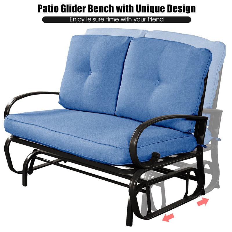 Costway Steel Metal Outdoor Patio Rocking Bench with Cushion Seat in Blue