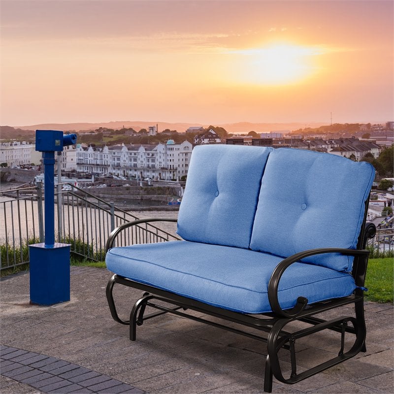 Costway Steel Metal Outdoor Patio Rocking Bench with Cushion Seat in Blue