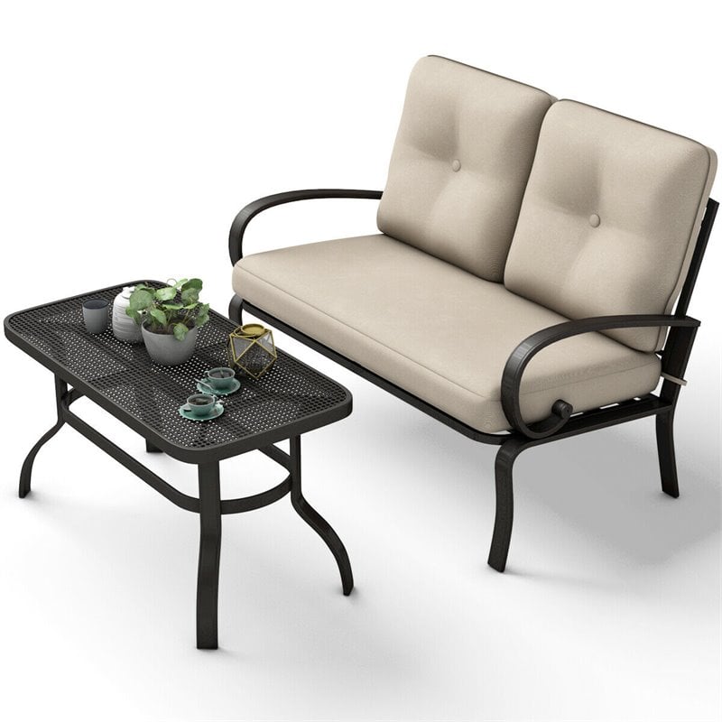 Costway 2 Pieces Steel Metal Patio Outdoor Furniture Set with Cushion in Beige