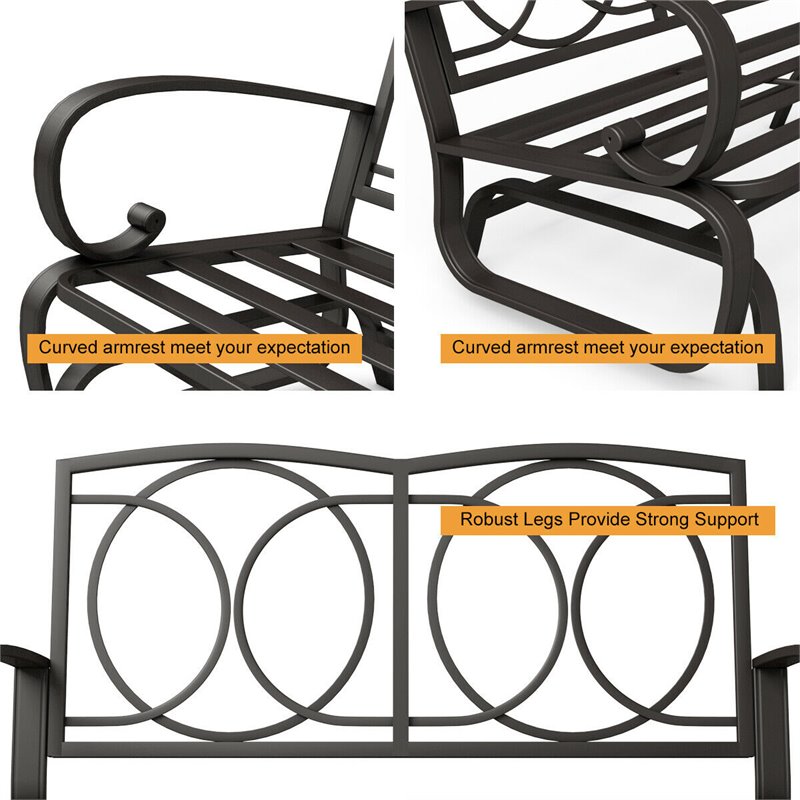 Costway Steel Metal Outdoor Patio Rocking Bench with Cushion Seat in Black