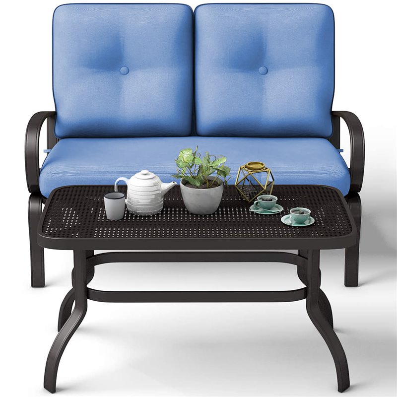 Costway 2 Pieces Metal Patio Outdoor Furniture Set with Cushion in Blue