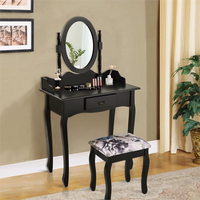 Costway MDF and Sponge Vanity Table Set with Dressing Table and Stool in Black