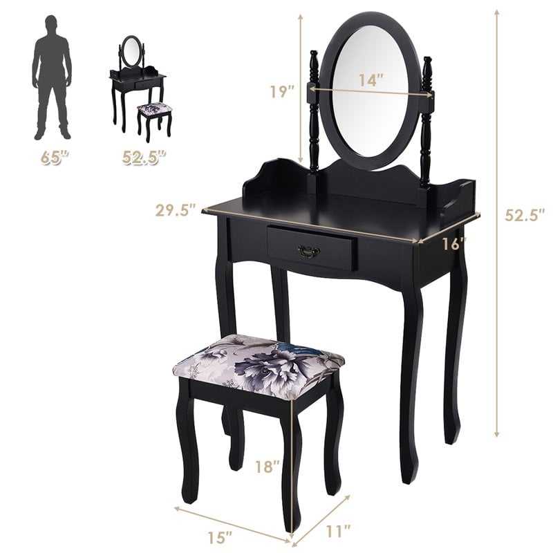 Costway MDF and Sponge Vanity Table Set with Dressing Table and Stool in Black