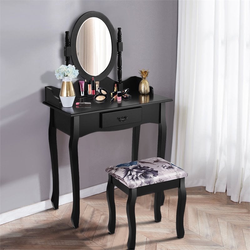 Costway MDF and Sponge Vanity Table Set with Dressing Table and Stool in Black