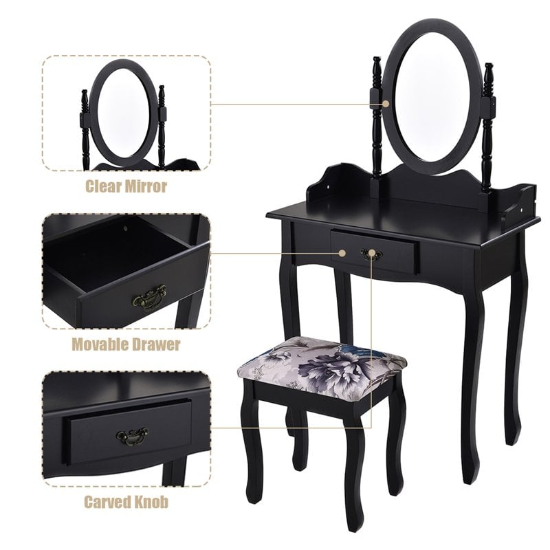 Costway MDF and Sponge Vanity Table Set with Dressing Table and Stool in Black