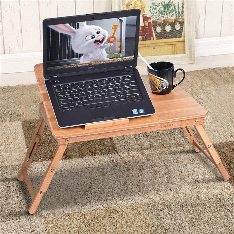Costway Folding Laptop Desk Table with Serving Tray & Drawer in Brown
