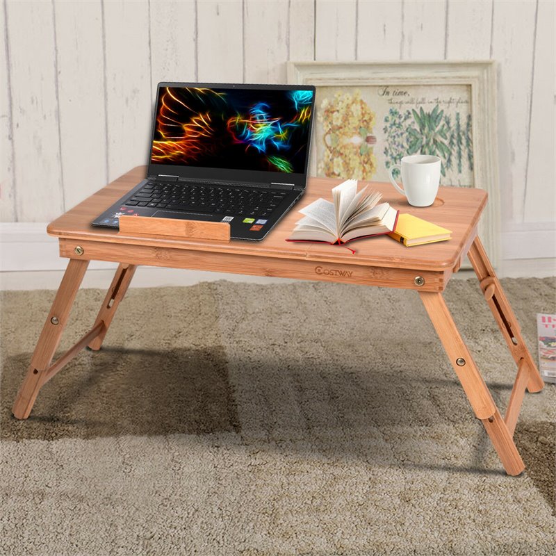 Costway Folding Laptop Desk Table with Serving Tray & Drawer in Brown