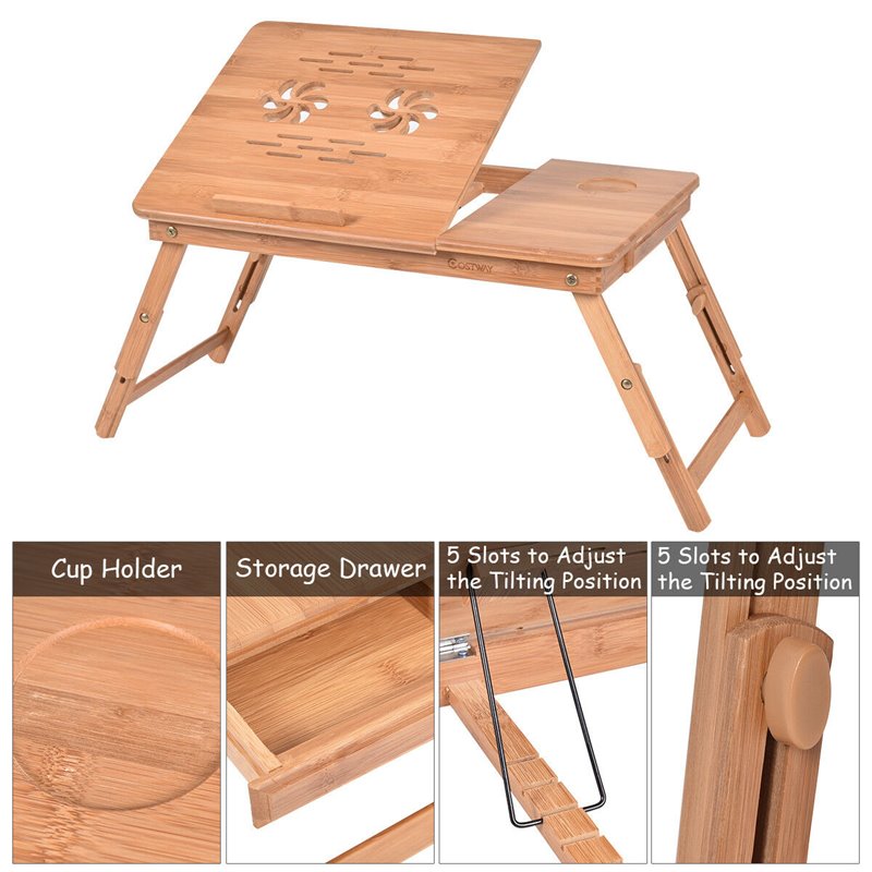 Costway Folding Laptop Desk Table with Serving Tray & Drawer in Brown