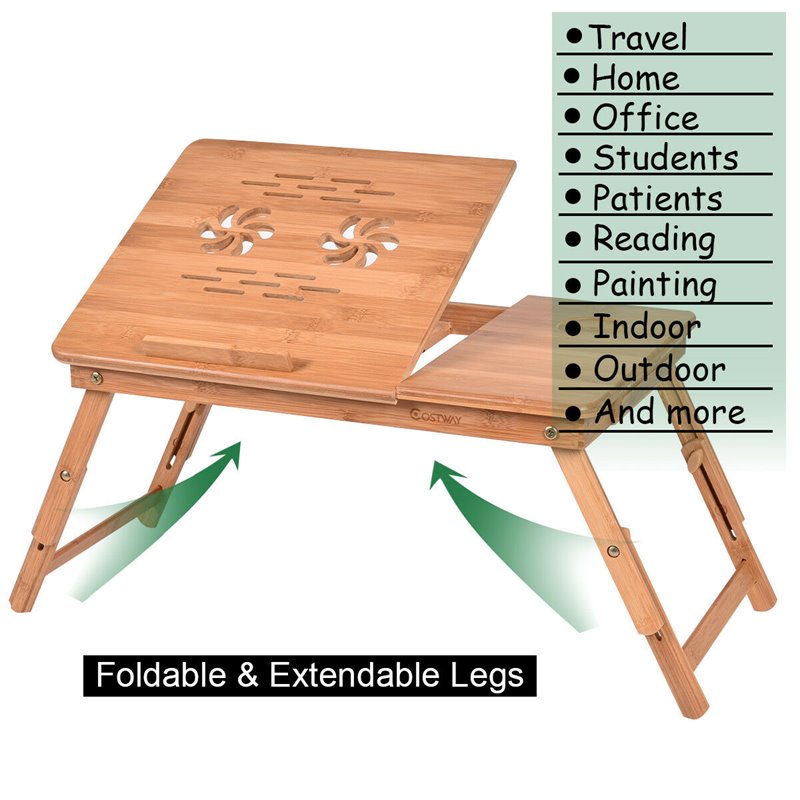 Costway Folding Laptop Desk Table with Serving Tray & Drawer in Brown