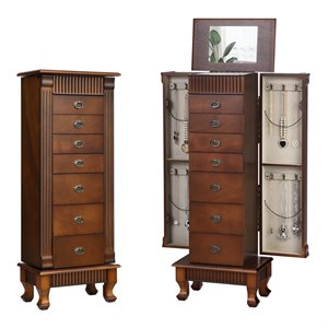 costway mdf and glass jewelry cabinet with 2 swing-out doors in brown