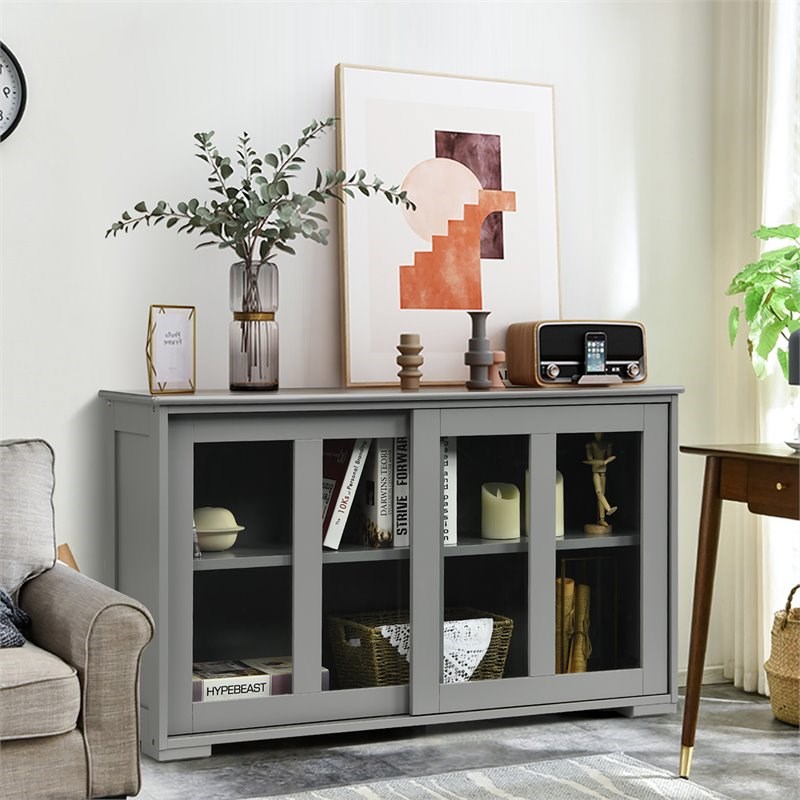 Costway MDF and Glass Kitchen Storage Cabinet with Sliding Door in Gray