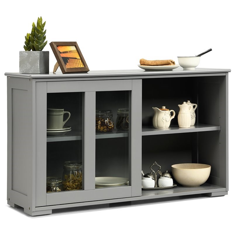 Costway MDF and Glass Kitchen Storage Cabinet with Sliding Door in Gray
