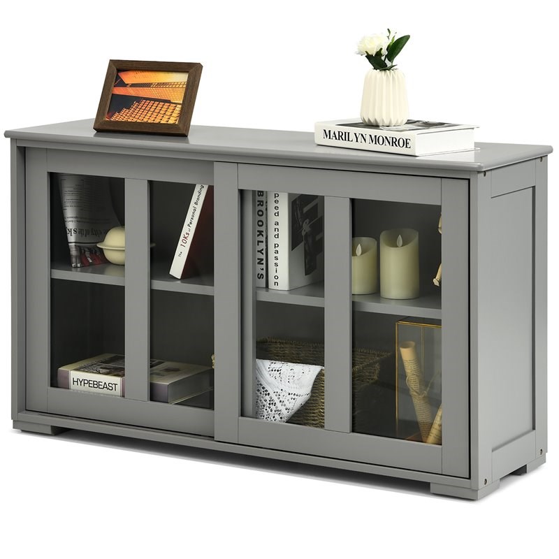 Costway MDF and Glass Kitchen Storage Cabinet with Sliding Door in Gray