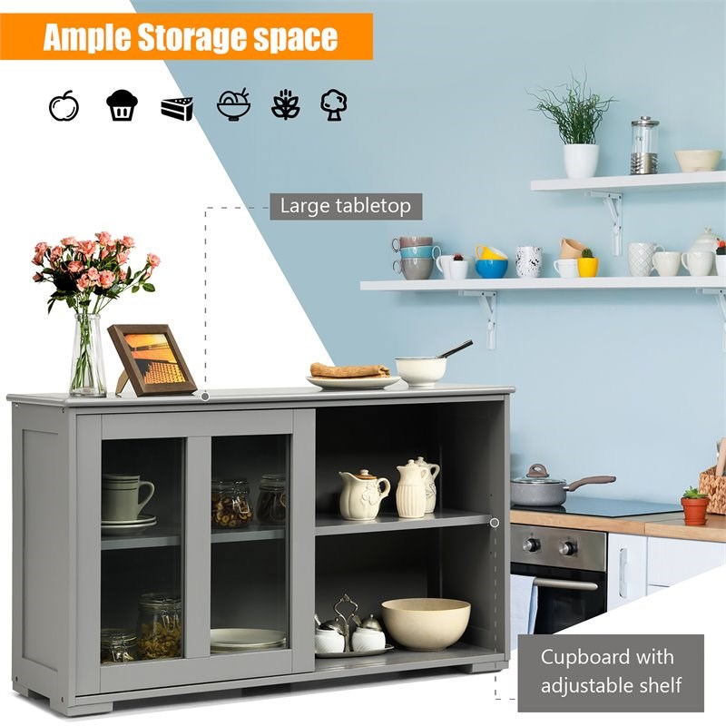 Costway MDF and Glass Kitchen Storage Cabinet with Sliding Door in Gray