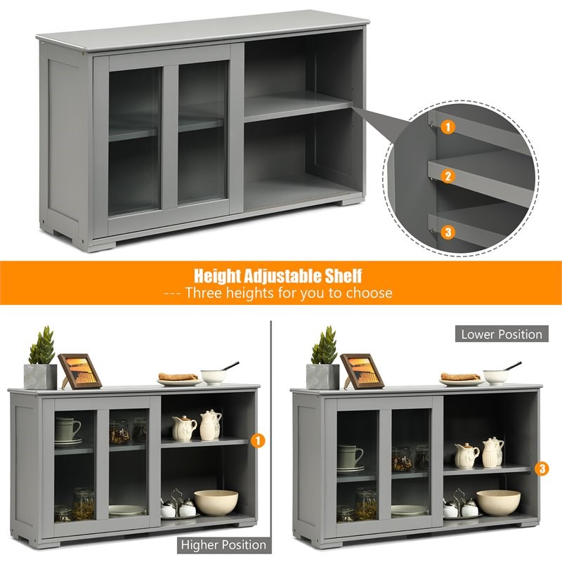 Costway MDF and Glass Kitchen Storage Cabinet with Sliding Door in Gray