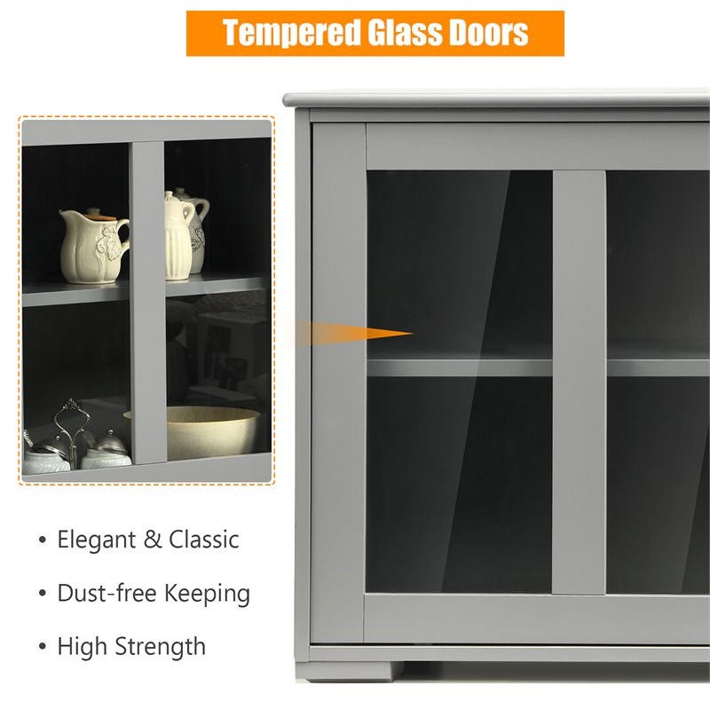 Costway MDF and Glass Kitchen Storage Cabinet with Sliding Door in Gray