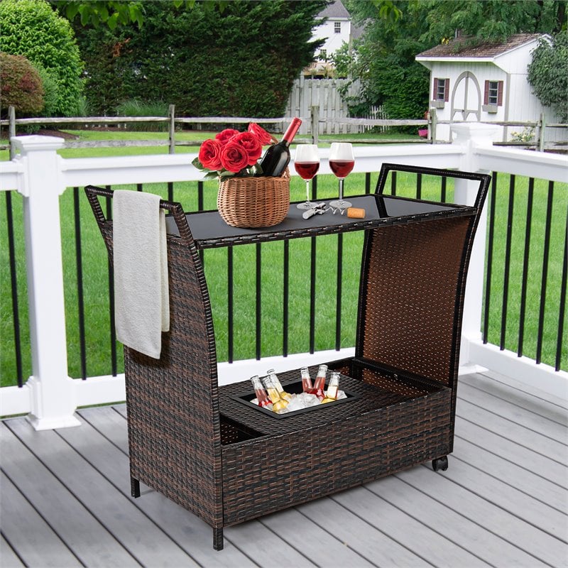 Costway Steel and Rattan Patio Rolling Bar Cart with Storage Box in Brown