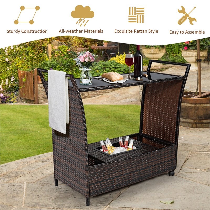 Costway Steel and Rattan Patio Rolling Bar Cart with Storage Box in Brown