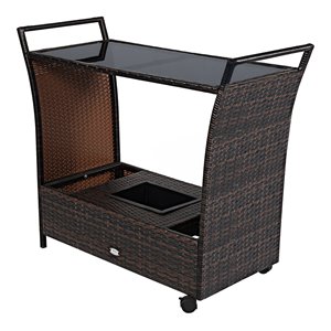 costway steel and rattan patio rolling bar cart with storage box in brown
